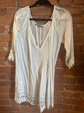 blue island Cream Lace-Trim Peasant Tunic